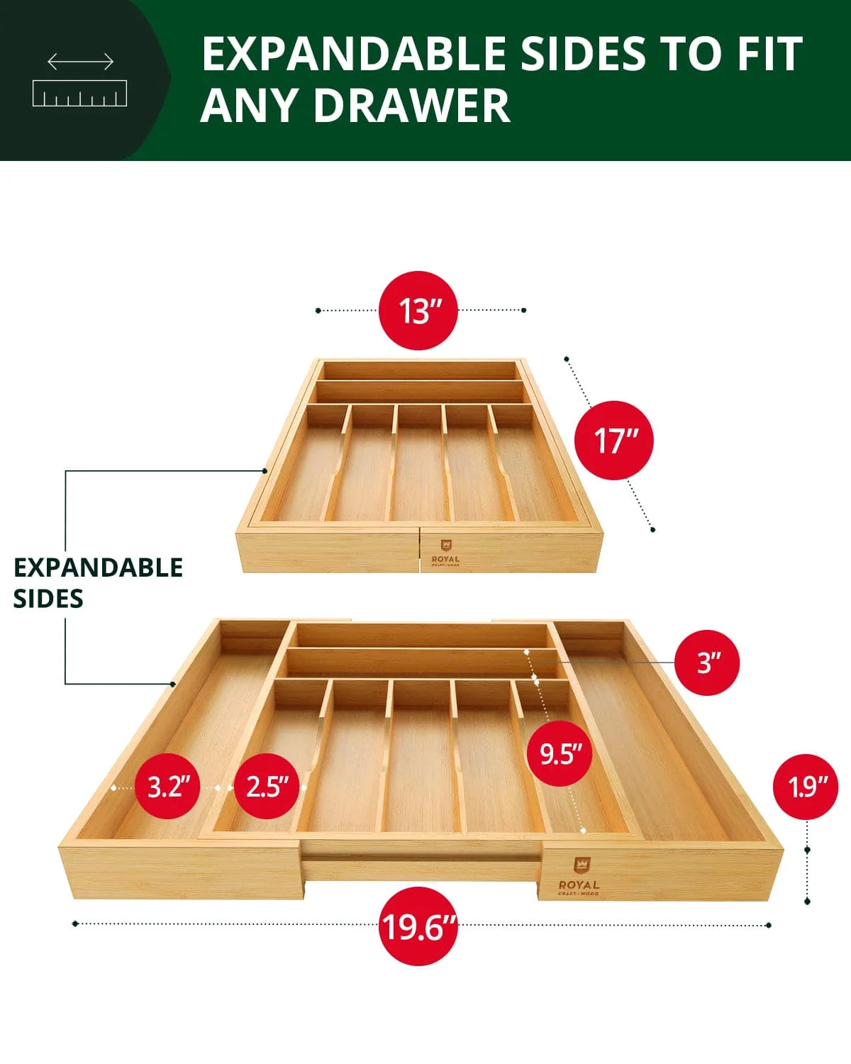Utensil Drawer Organizer | Expandable Bamboo | 9 Compartments