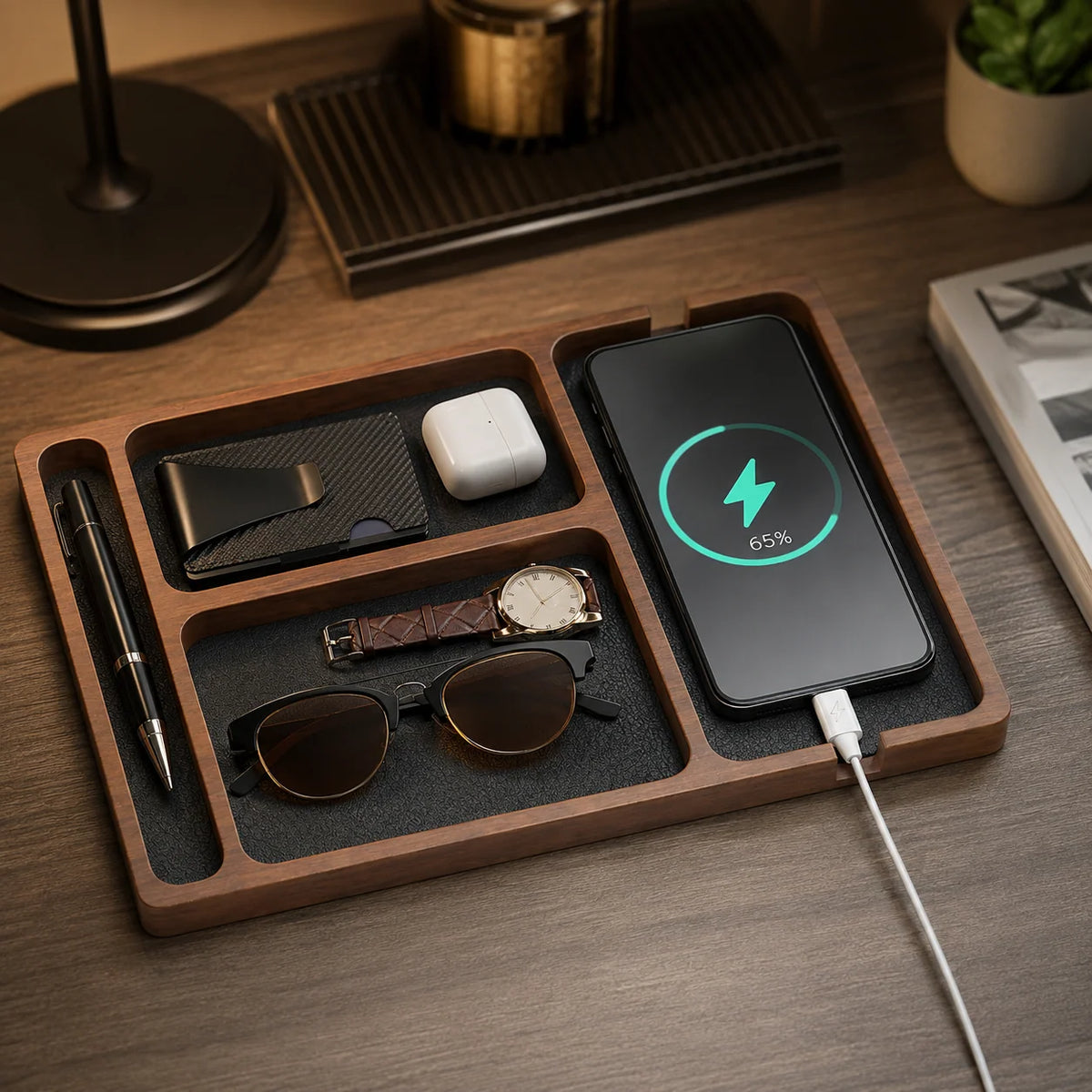 Valet Tray | Cushioned Organizer & Angled Phone Dock | Cable Cutouts