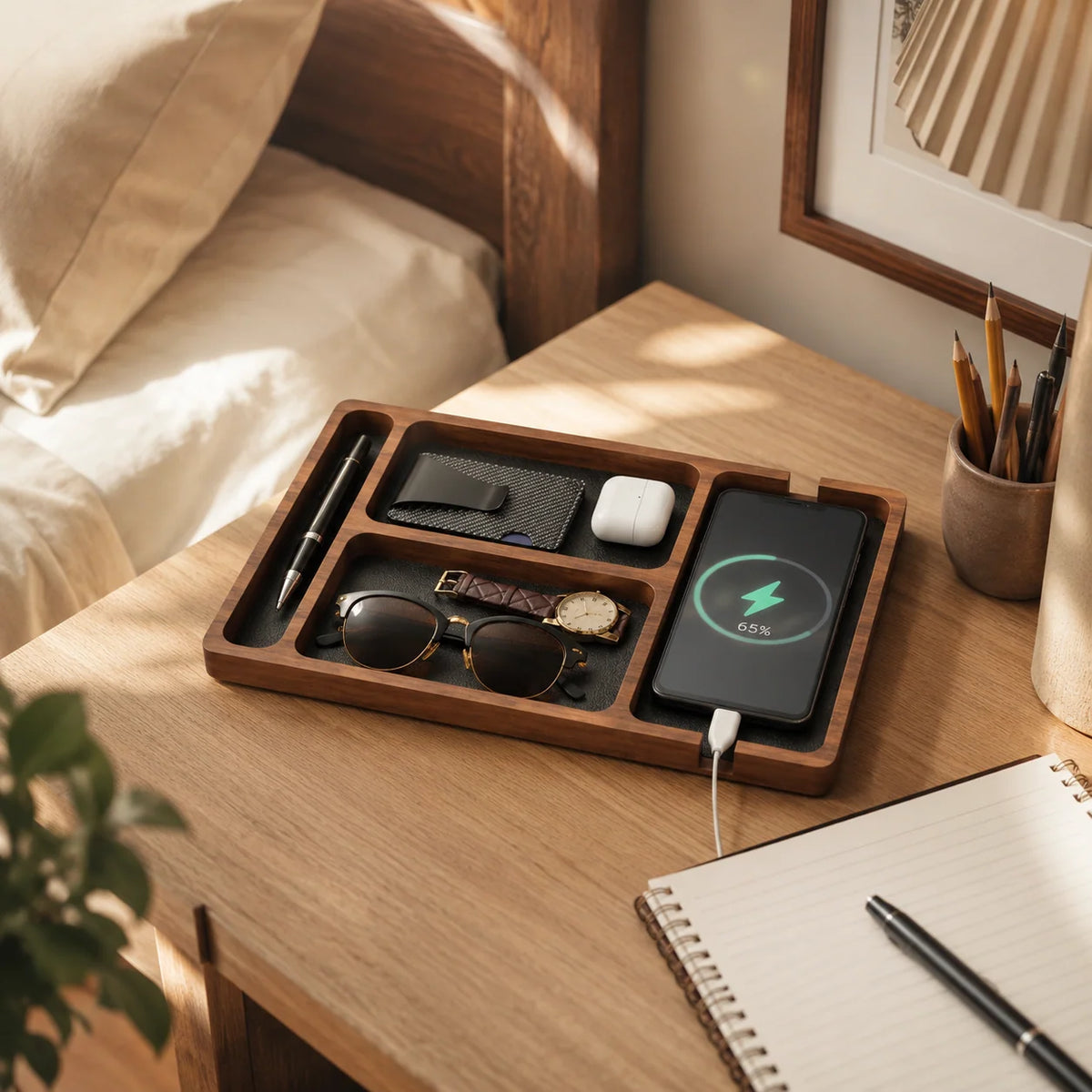 Valet Tray | Cushioned Organizer & Angled Phone Dock | Cable Cutouts