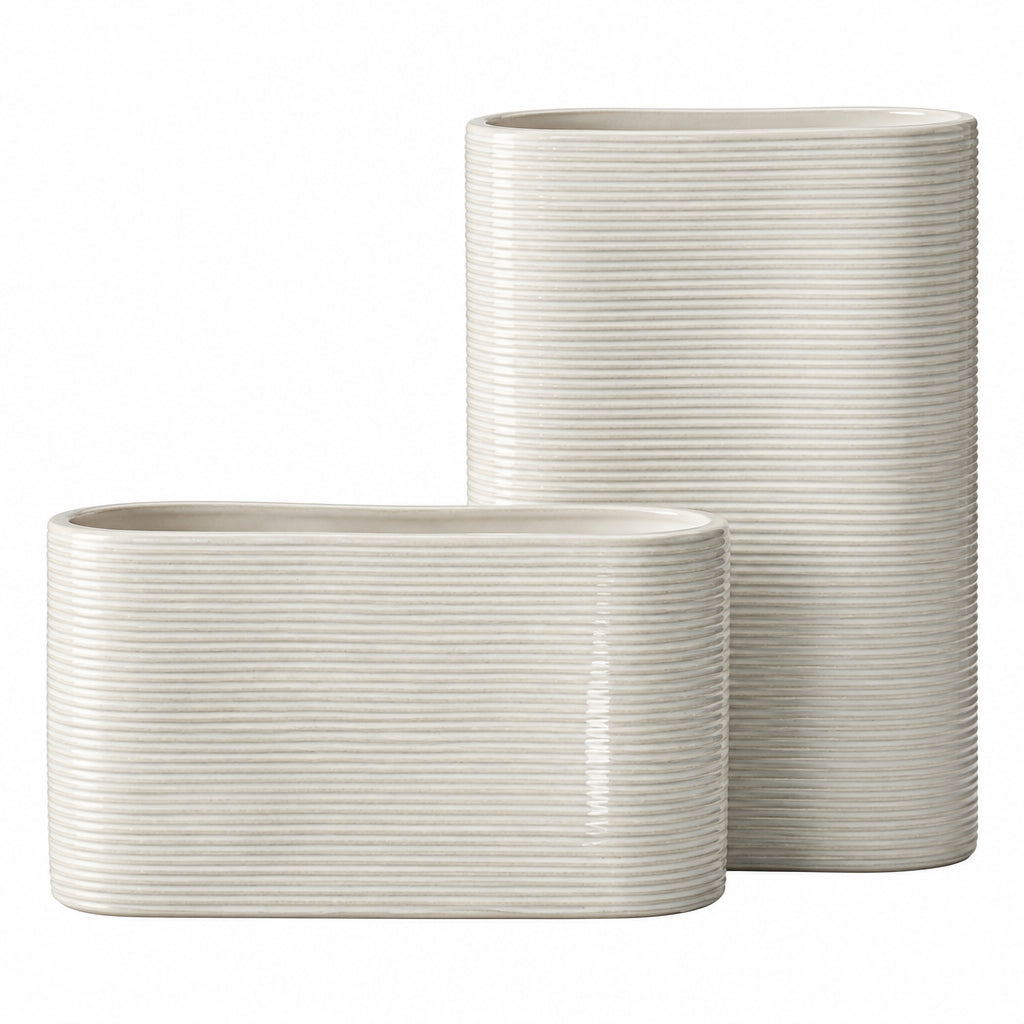 Vases | Oval White Striped Ceramic | Set of 2
