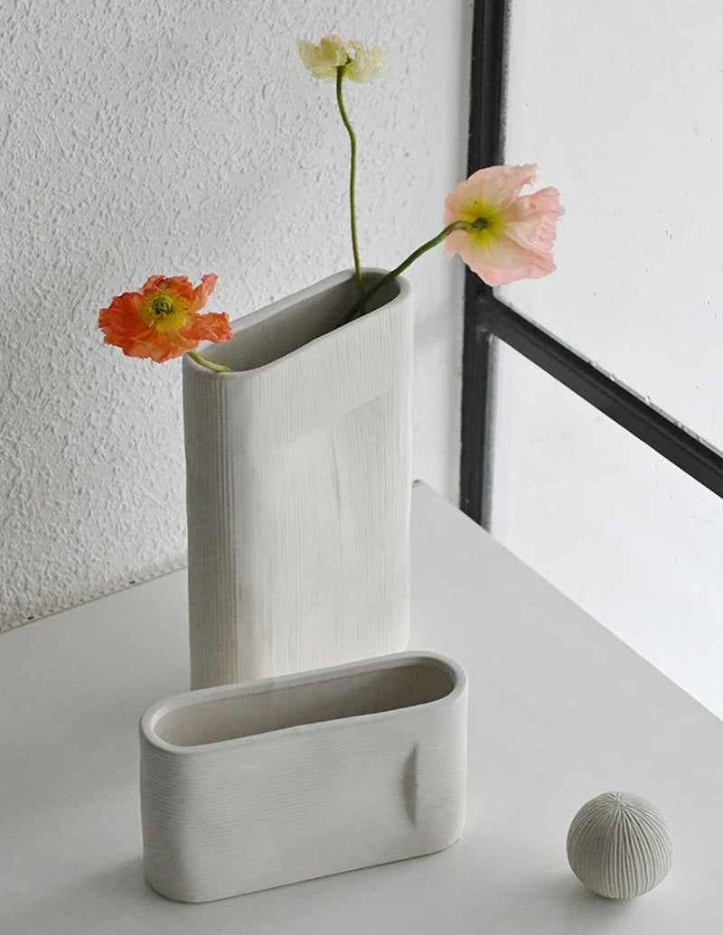 Vases | Oval White Striped Ceramic | Set of 2