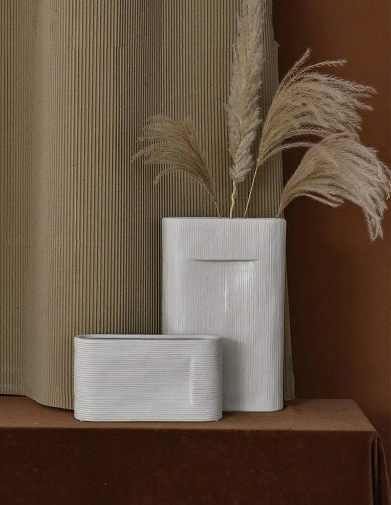 Vases | Oval White Striped Ceramic | Set of 2