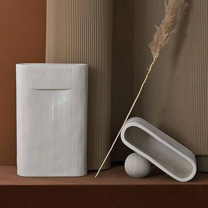 Vases | Oval White Striped Ceramic | Set of 2