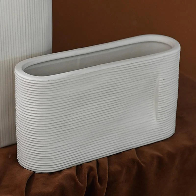 Vases | Oval White Striped Ceramic | Set of 2