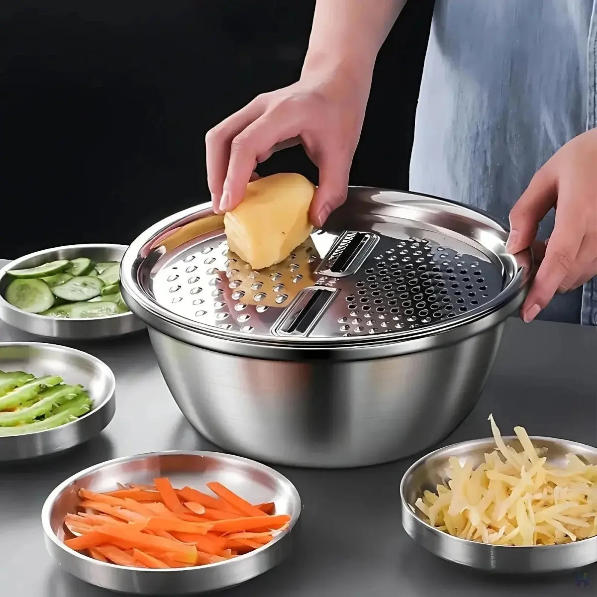 Vegetable Slicer Set | Stainless Steel Blades & Removable Drain Basket | 3-Piece Set