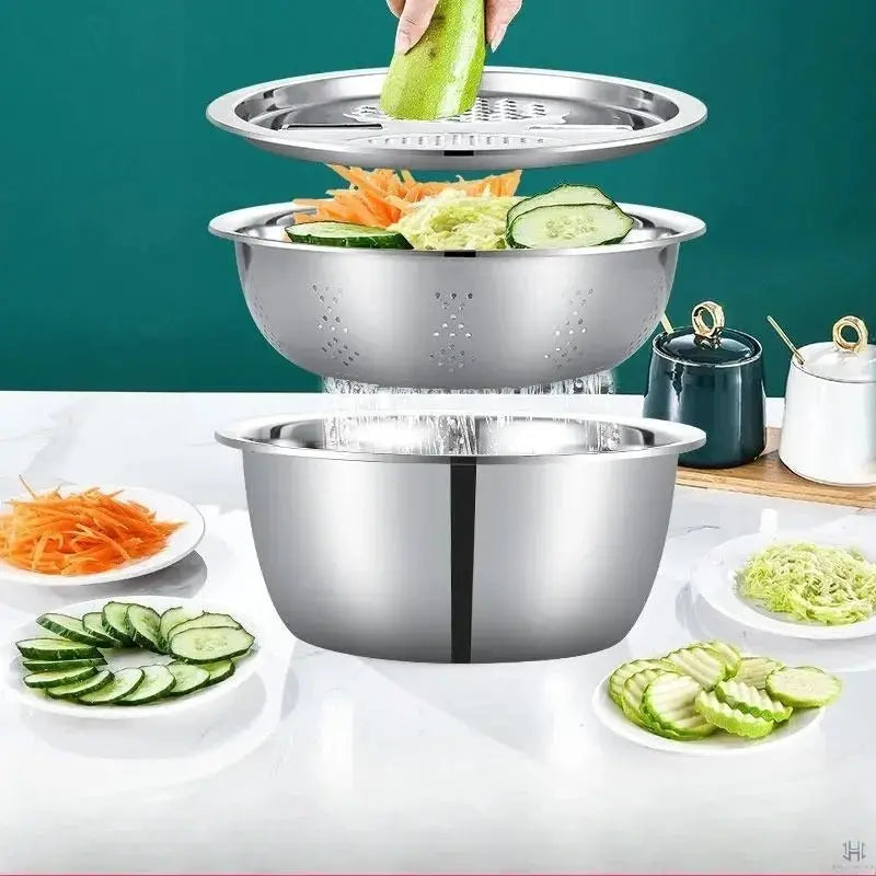 Vegetable Slicer Set | Stainless Steel Blades & Removable Drain Basket | 3-Piece Set