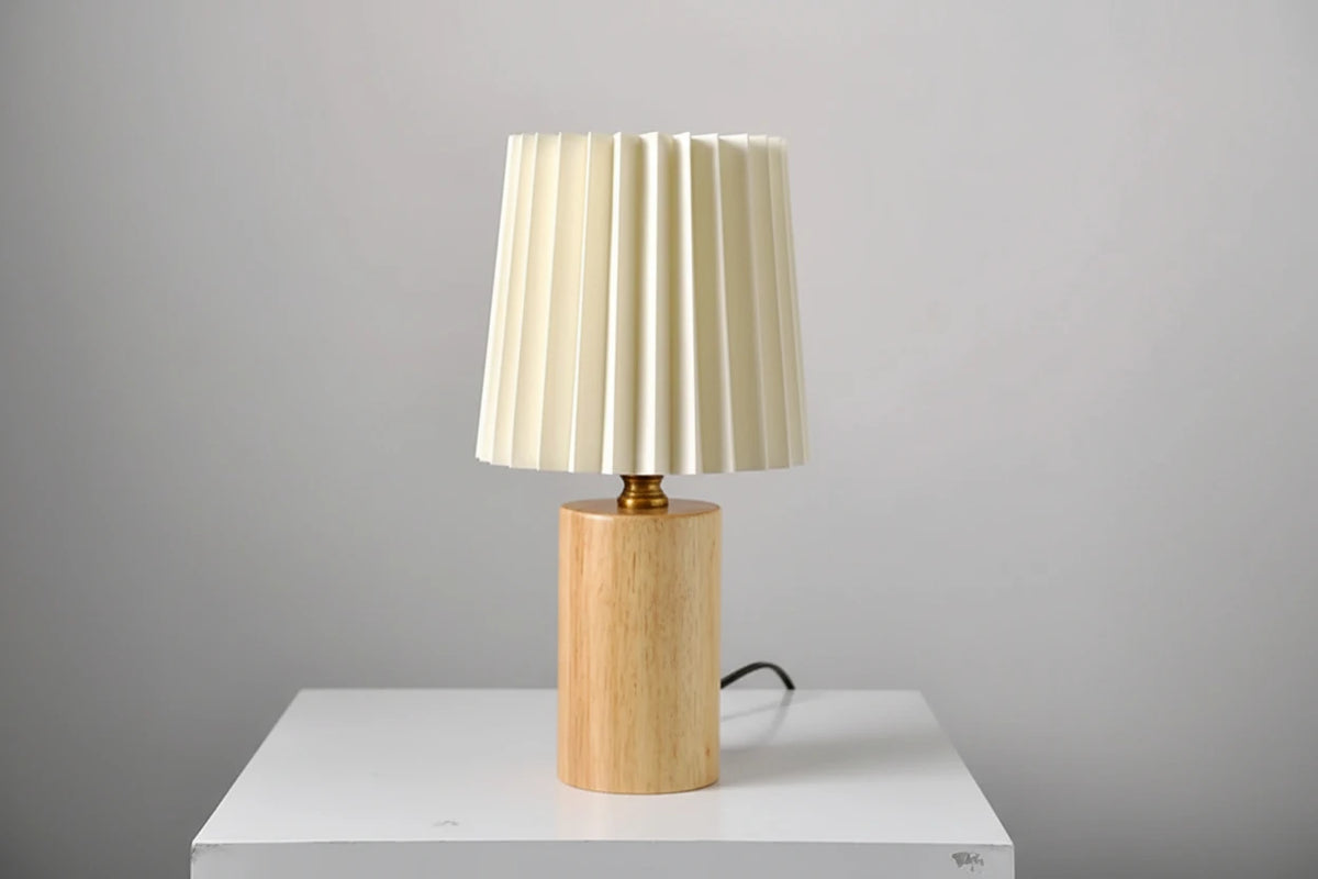 Vintage Korean Pleated Column Solid Wood Base 1-Light Table Lamp