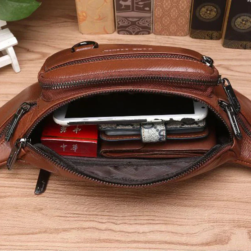 Waist Bag | Genuine Cowhide Leather & Multi-Pocket | Adjustable Strap Up To 130 cm