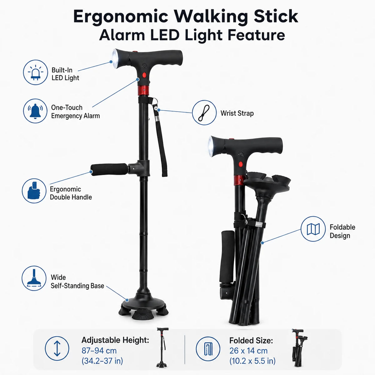 Walking Stick | Built-In LED & One-Touch Alarm | Adjustable