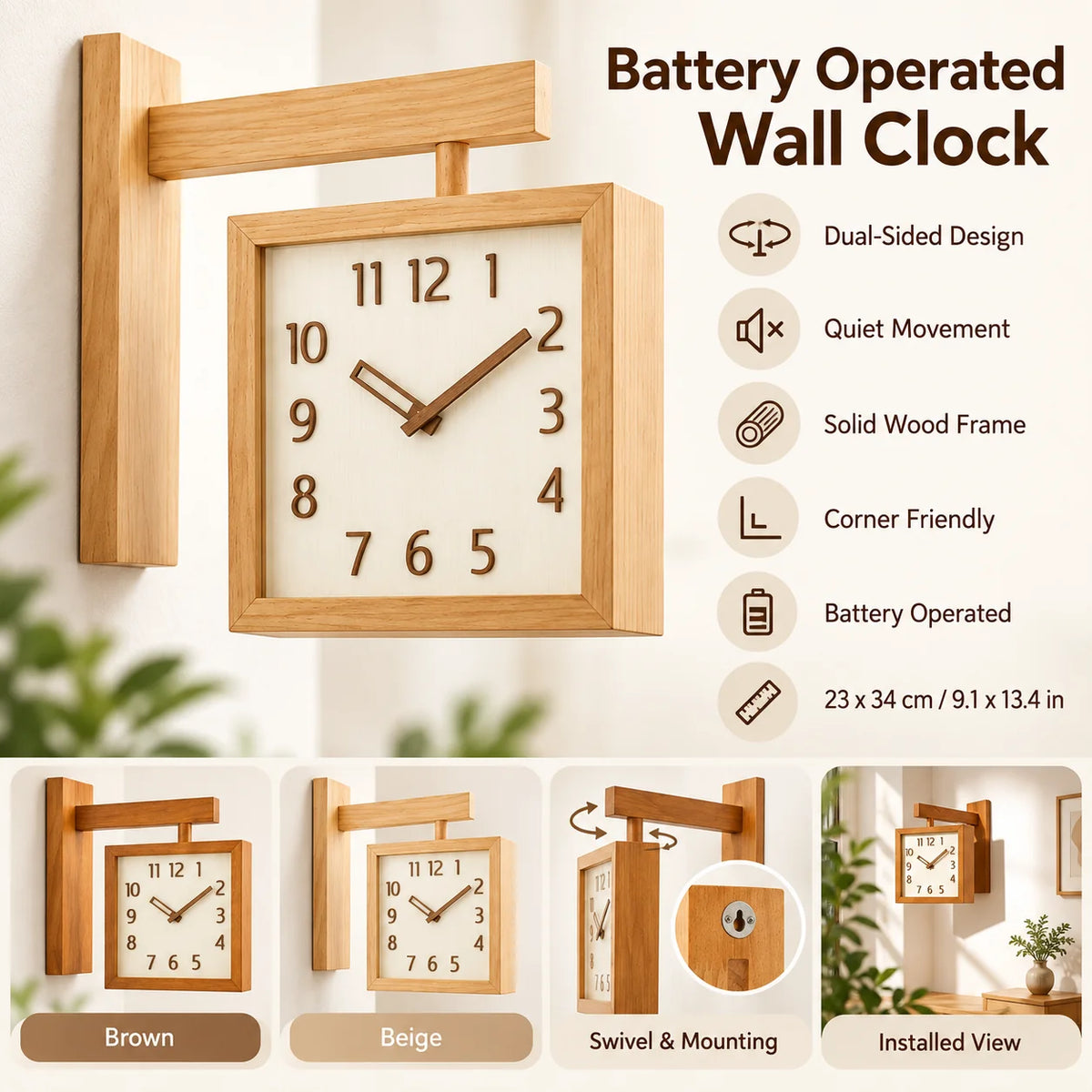 Wall Clock | Dual-Sided Solid Wood & Glass
