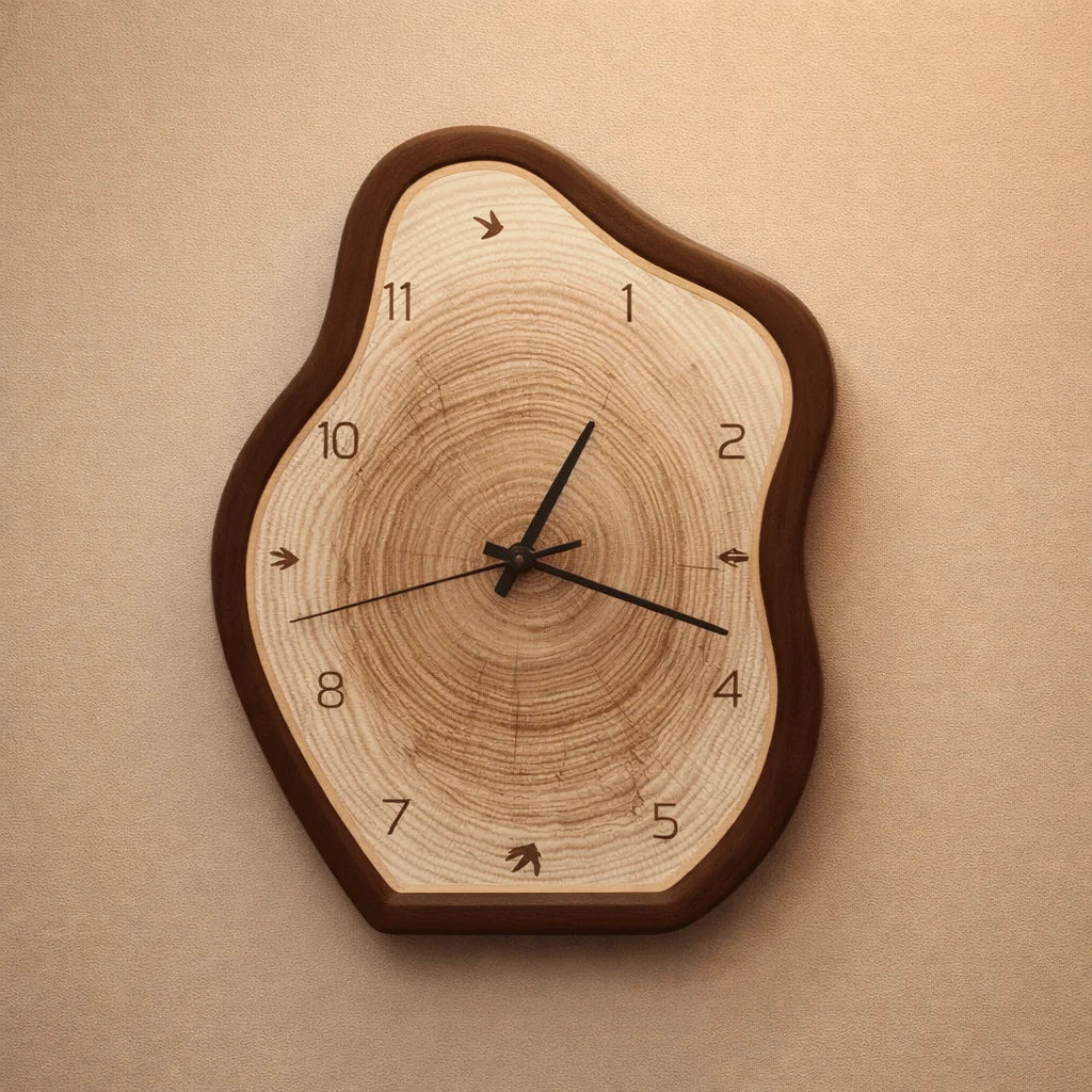Wall Clock | Irregular Ring & Wood-Grain Finish, Silent Movement