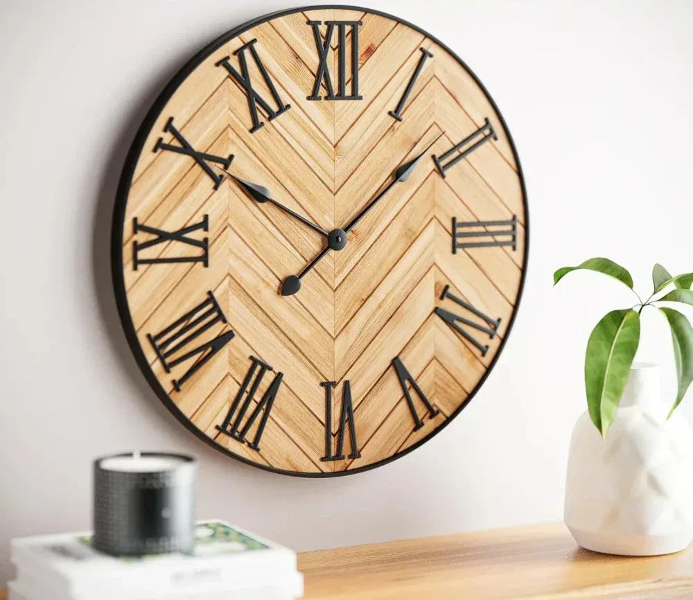 Wall Clock | Roman Numerals & Wood-Look Face | Metal Accents, 30 cm