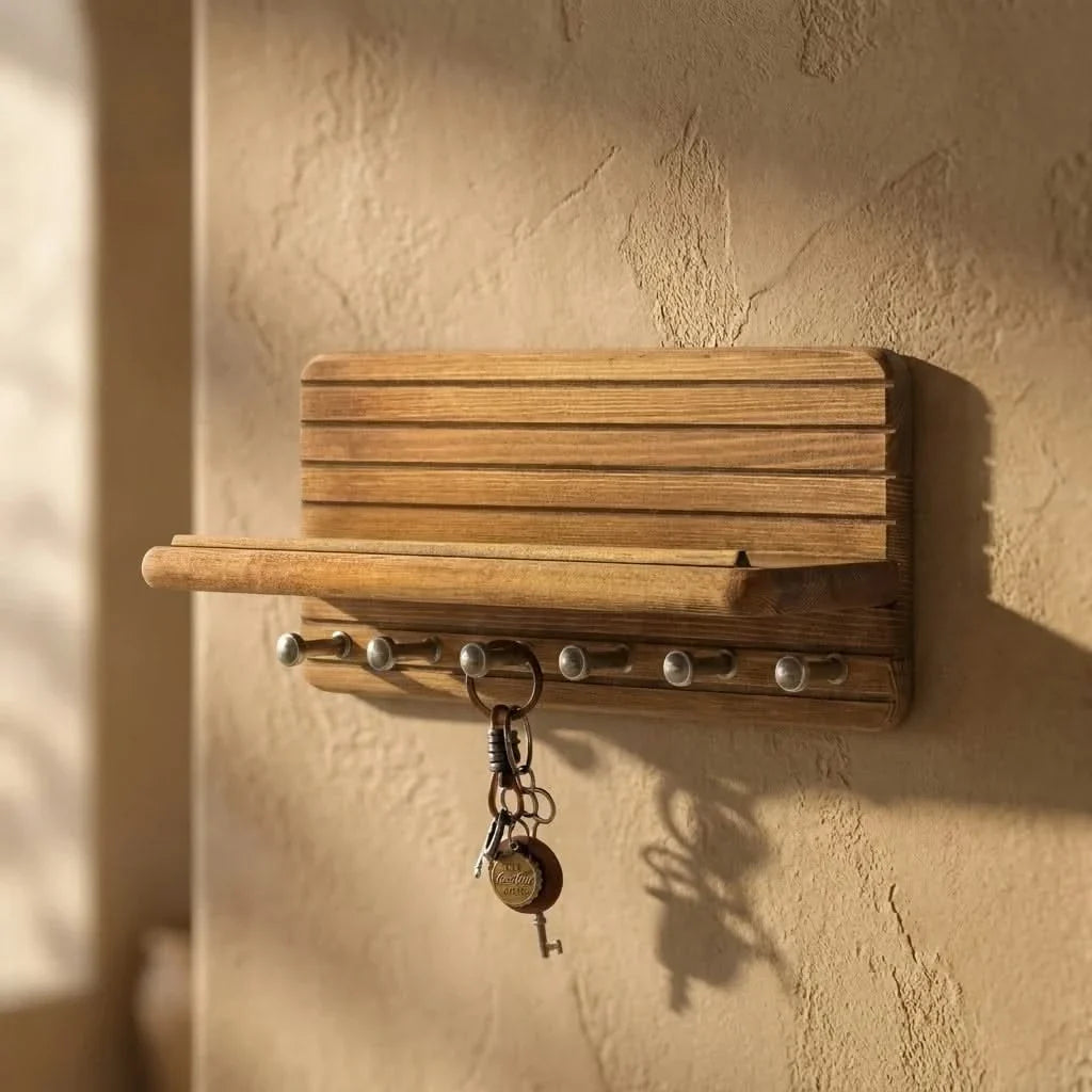 Wall Key Organizer | Solid Wood Shelf & 8 Hooks