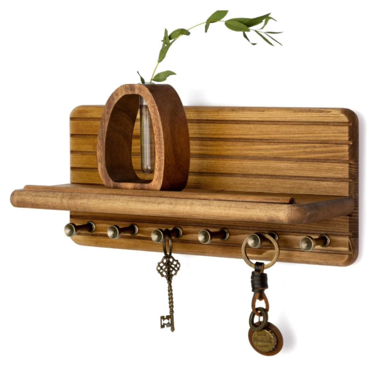 Wall Key Organizer | Solid Wood Shelf & 8 Hooks