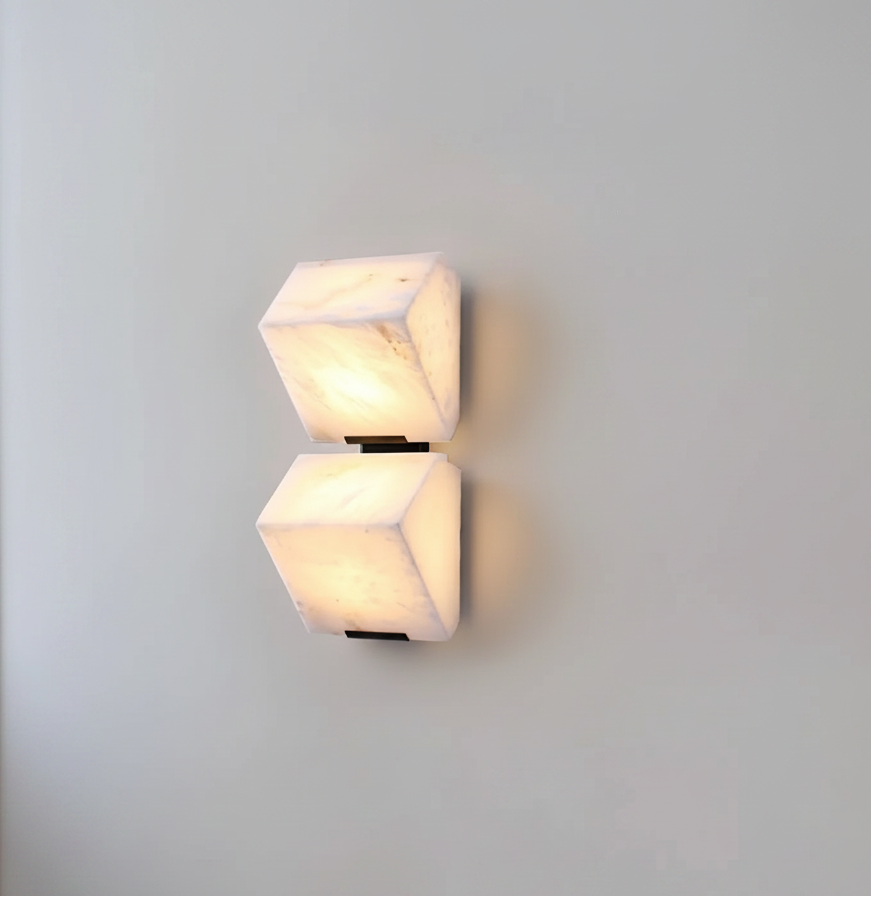 Indoor Wall Lamp | Sculptural Alabaster Cube Shades | Integrated LED