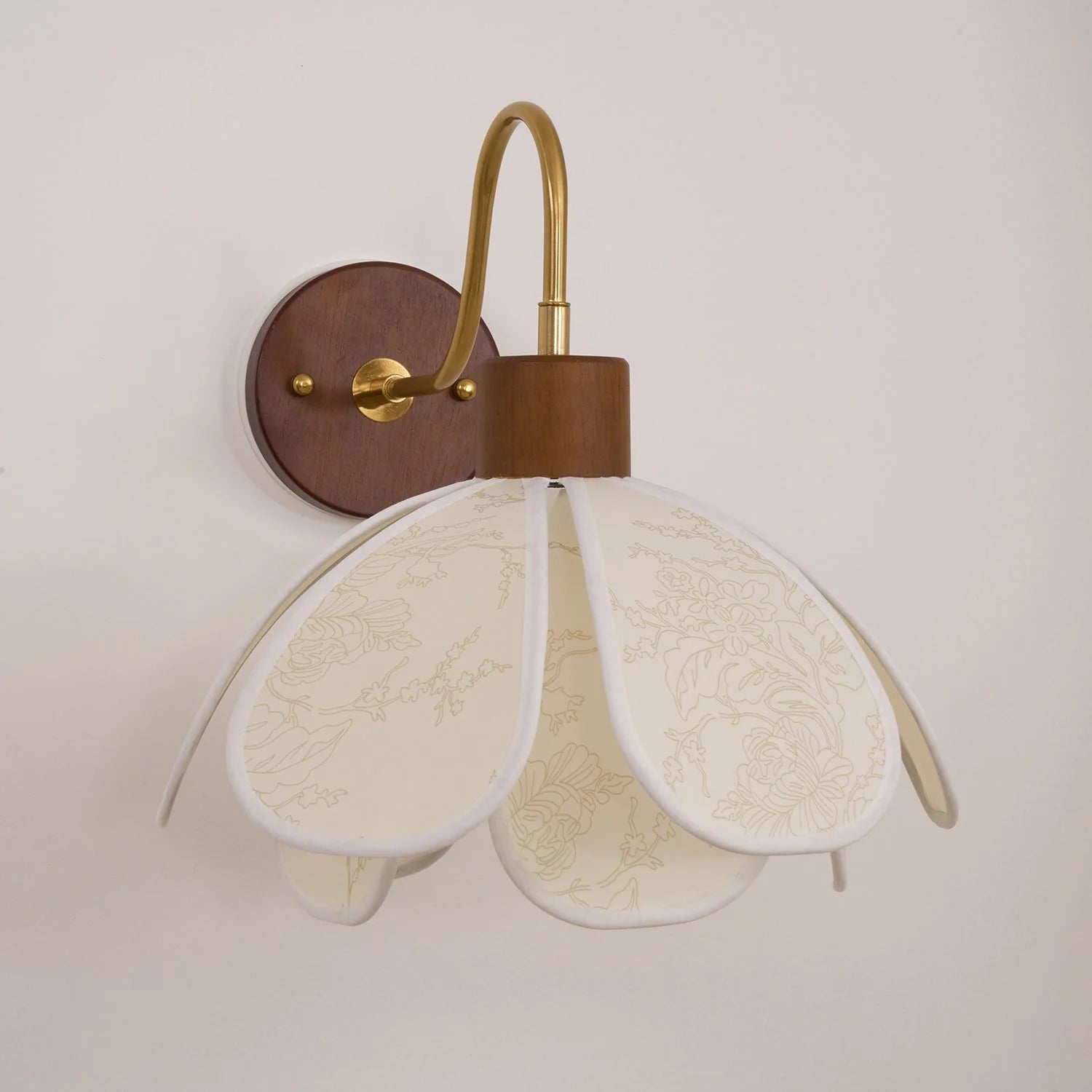 Wall Lamp | Carved Floral Petal Shade | Wood & Fabric, 31 cm