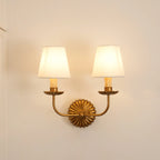 Wall Sconce | Rosette Iron Backplate & Fabric Shades | Antique Gold Finish