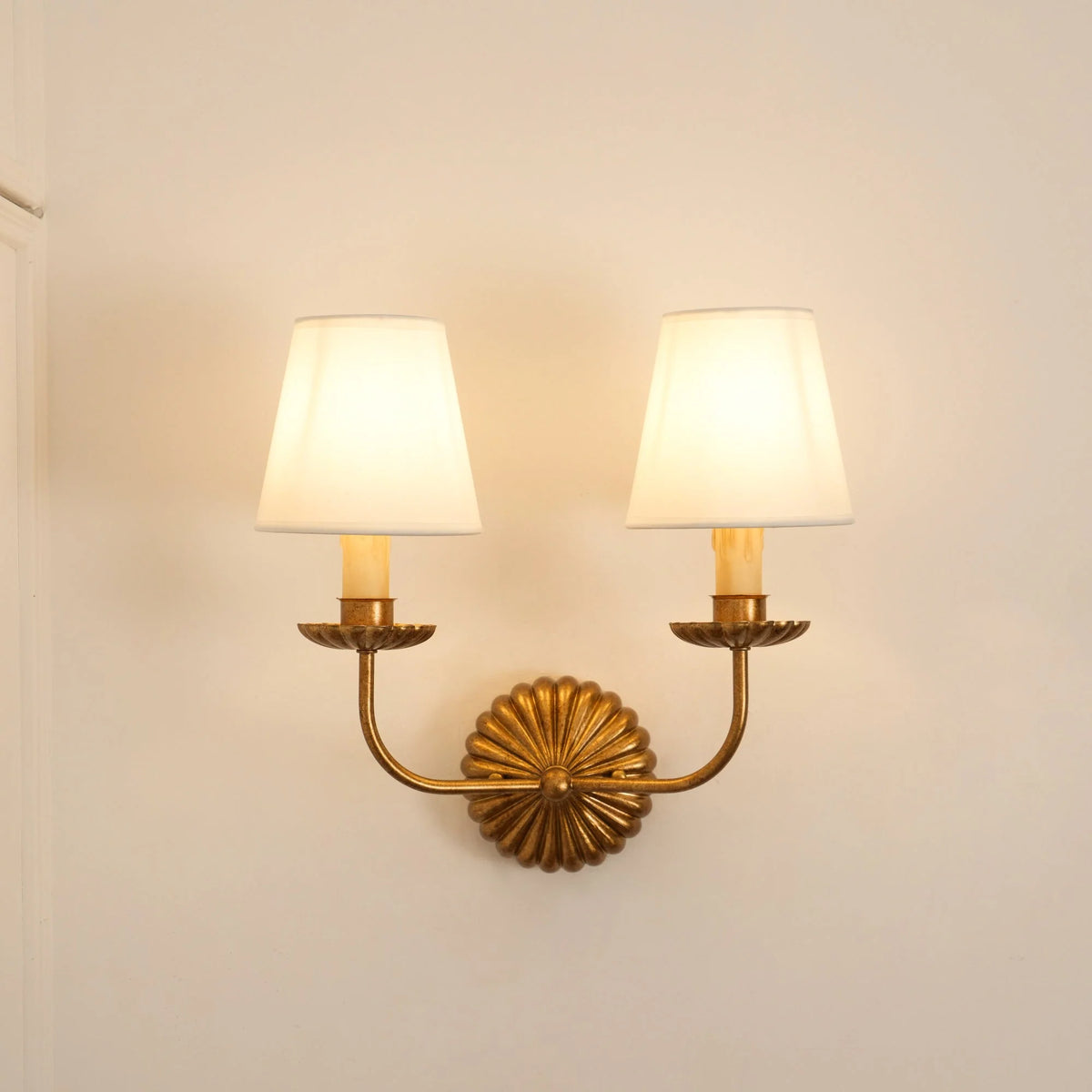 Wall Sconce | Rosette Iron Backplate & Fabric Shades | Antique Gold Finish