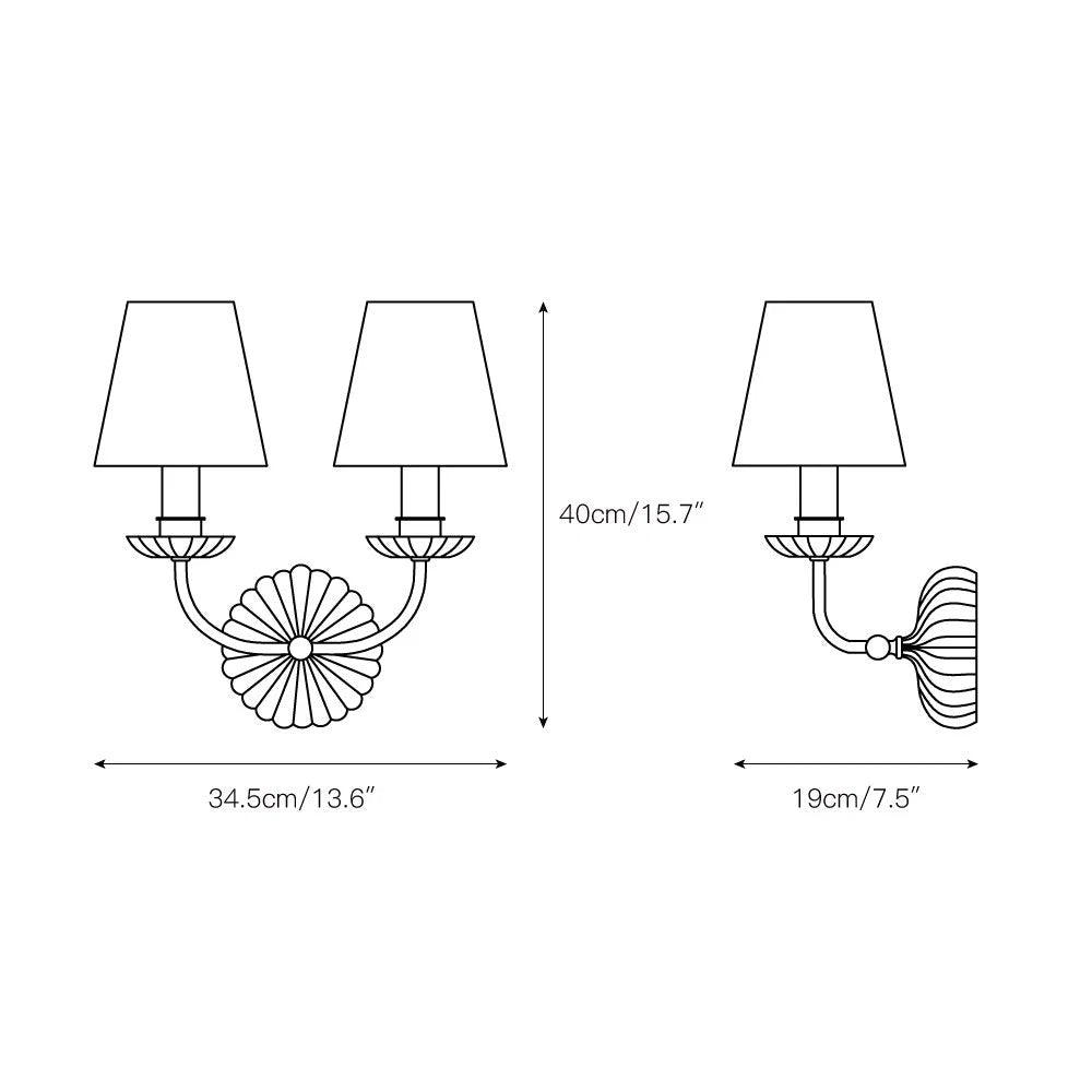 Wall Sconce | Rosette Iron Backplate & Fabric Shades | Antique Gold Finish