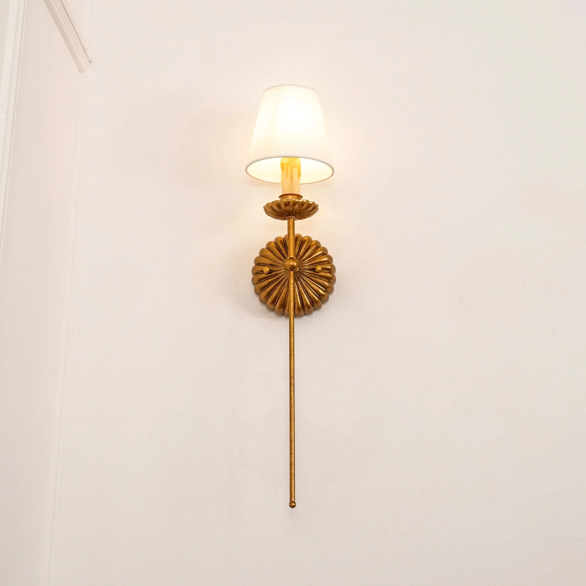 Wall Sconce | Rosette Iron Backplate & Fabric Shades | Antique Gold Finish