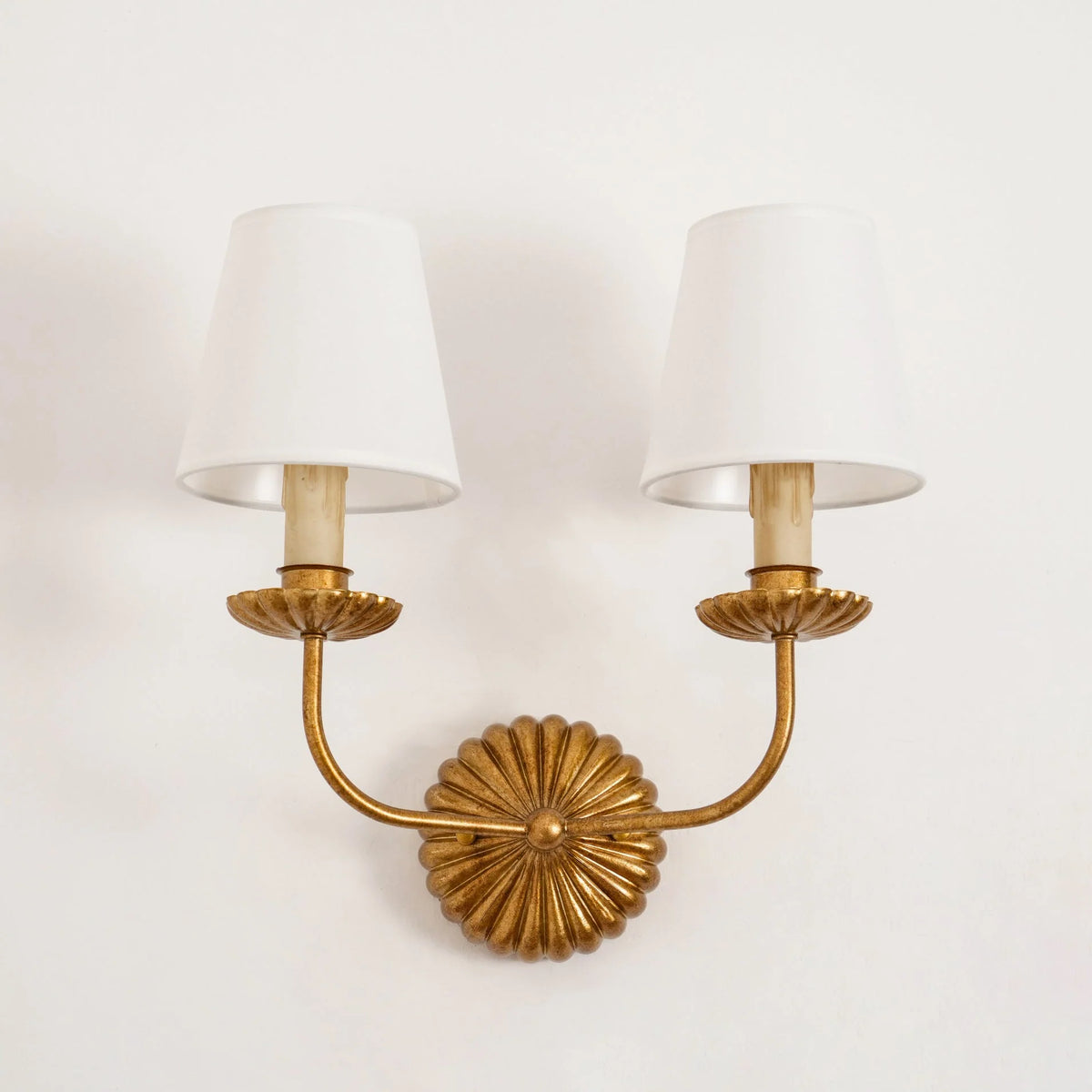 Wall Sconce | Rosette Iron Backplate & Fabric Shades | Antique Gold Finish