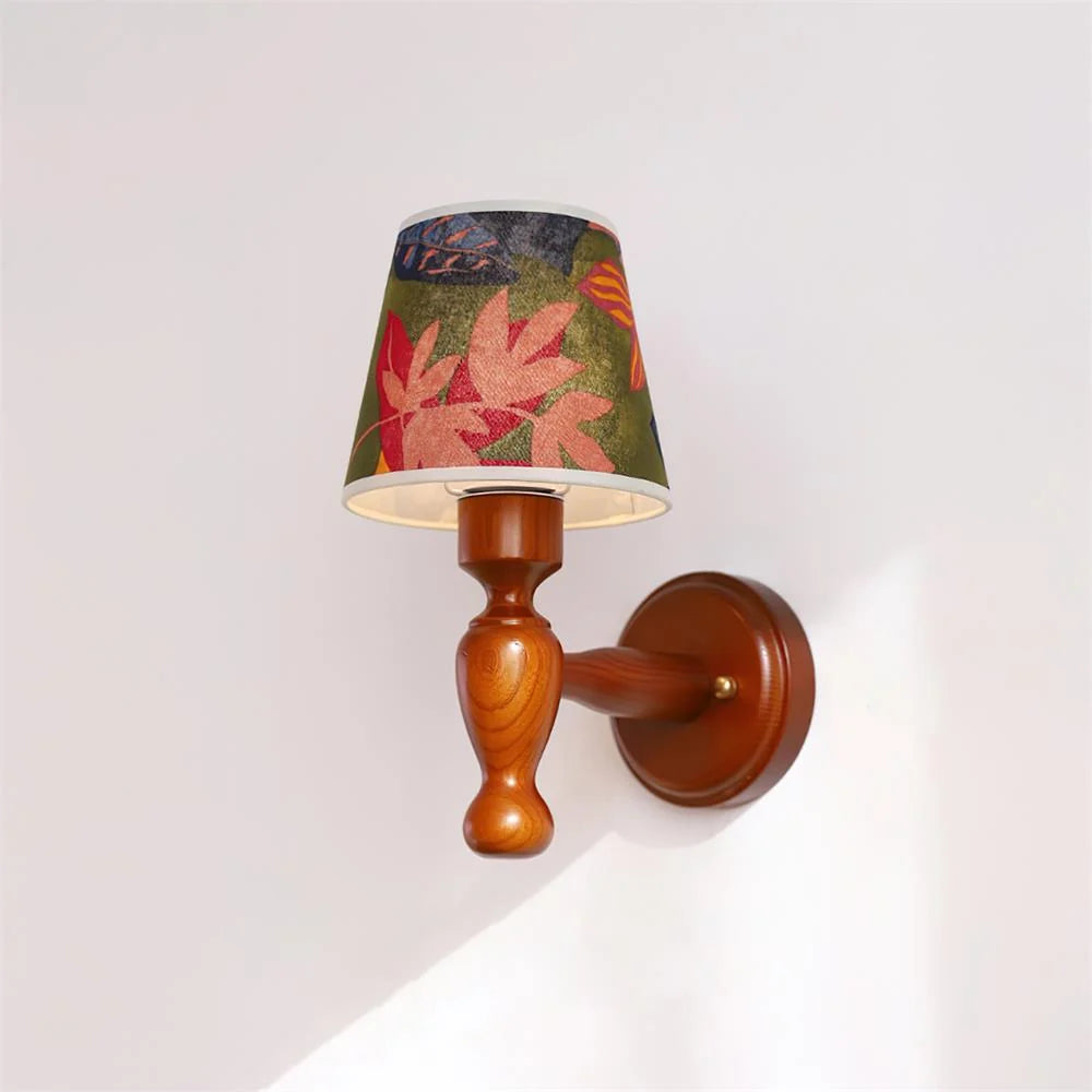 Wall Lamp | Wooden Floral Fabric Shade & Dimmer Compatible | Two Sizes
