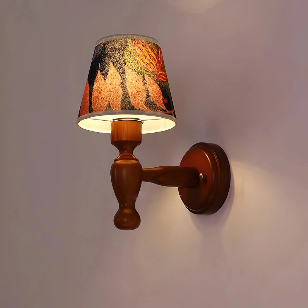 Wall Lamp | Wooden Floral Fabric Shade & Dimmer Compatible | Two Sizes