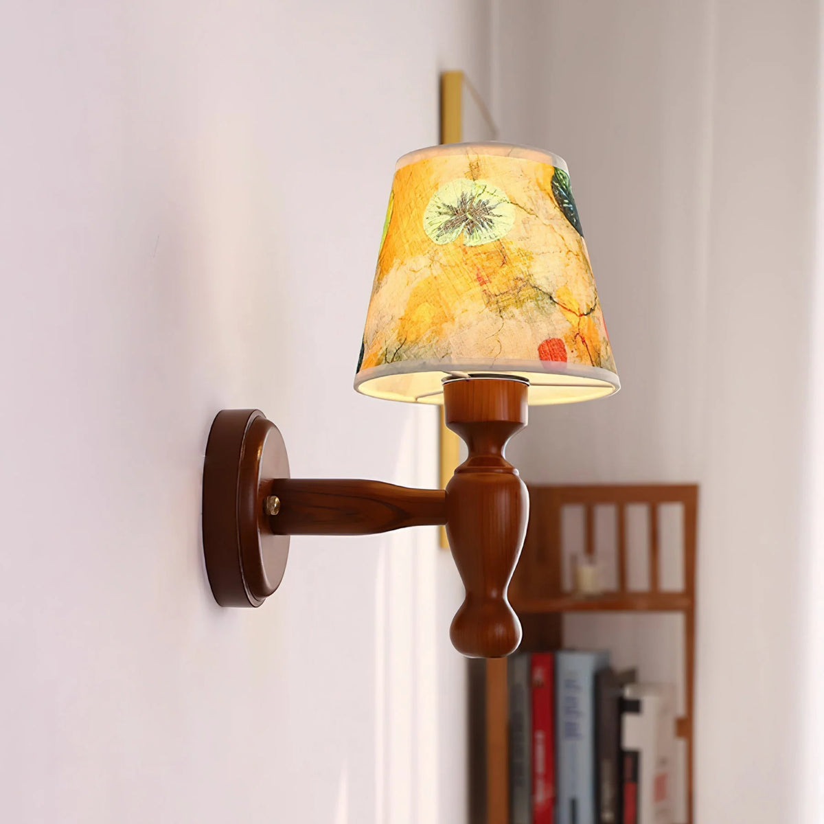 Wall Lamp | Wooden Floral Fabric Shade & Dimmer Compatible | Two Sizes