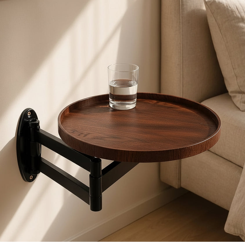 Wall-Mounted Bedside Table | Oak Round Top & Extendable Swivel Arm | 30 cm