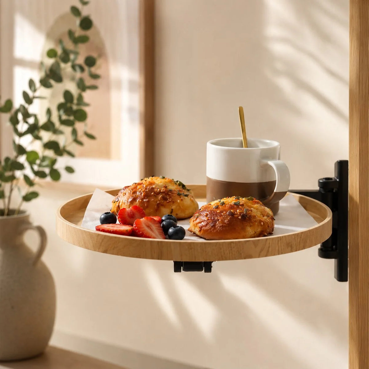 Wall-Mounted Bedside Table | Oak Round Top & Extendable Swivel Arm | 30 cm