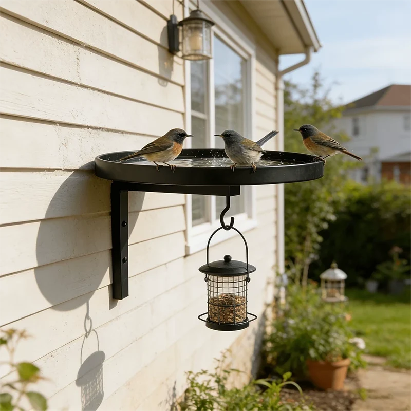 Wall-Mounted Bird Bath | Weatherproof Iron & 2-in-1 Basin & Hook | 20 cm Basin