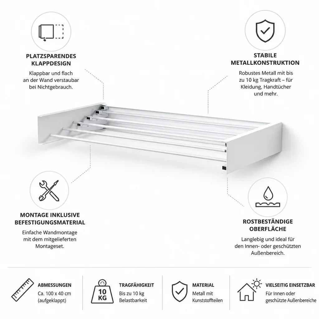 Wall-Mounted Clothes Dryer | Foldable & Rust-Resistant Metal | Holds Up To 10 Kg