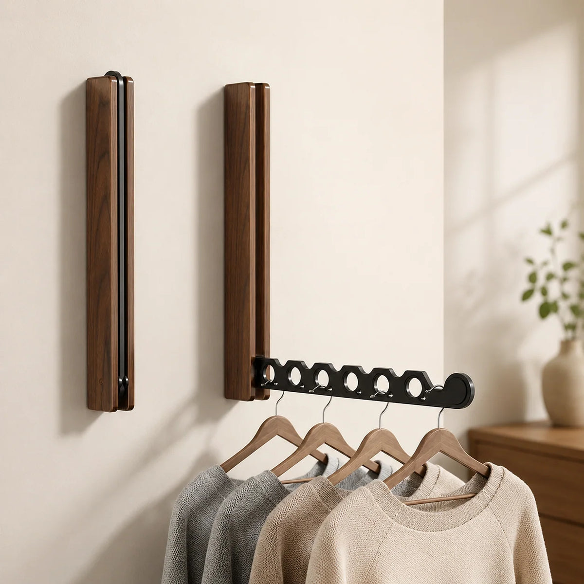 Wall-Mounted Clothes Hanger | Folding Walnut Design | 6 Windproof Slots
