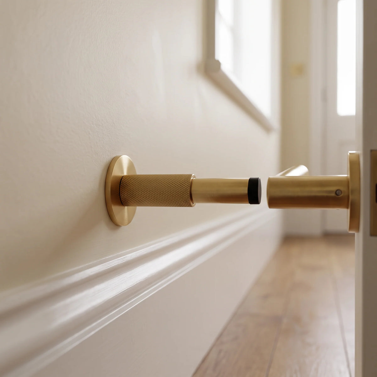 Wall-Mounted Door Stop | Knurled Solid Brass & Rubber Bumper