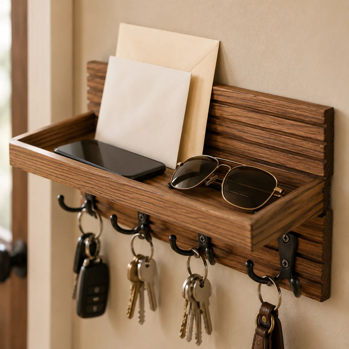Wall-Mounted Key Holder | Natural Pine Shelf & 4 Double Hooks