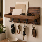 Wall-Mounted Key Holder | Natural Pine Shelf & 4 Double Hooks