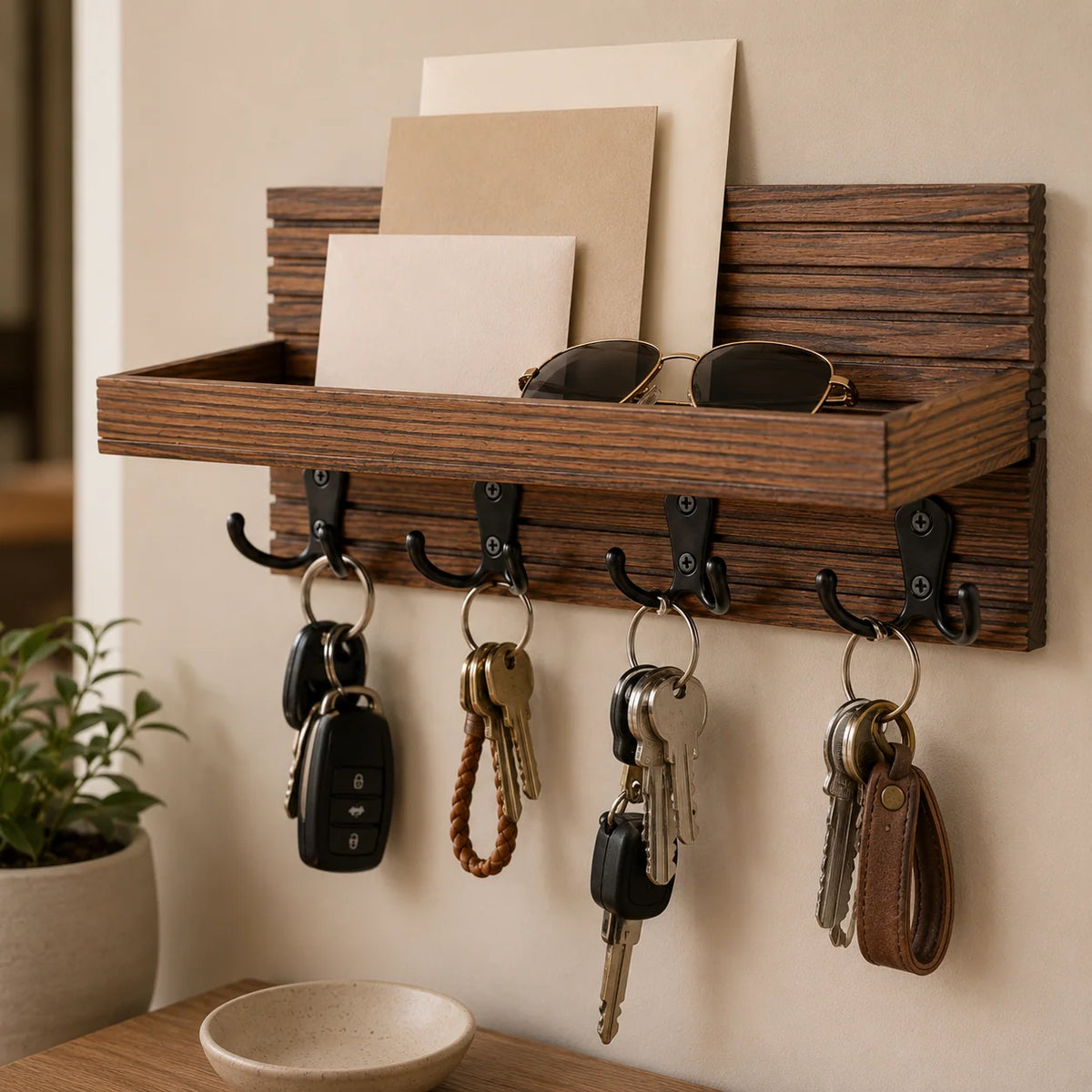 Wall-Mounted Key Holder | Natural Pine Shelf & 4 Double Hooks