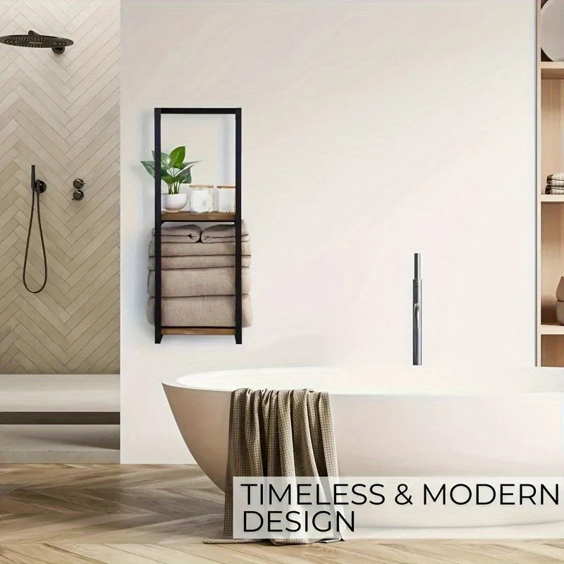 Wall-Mounted Towel Rack | 2-Tier Stainless Steel Frame & Wood-Look Shelves