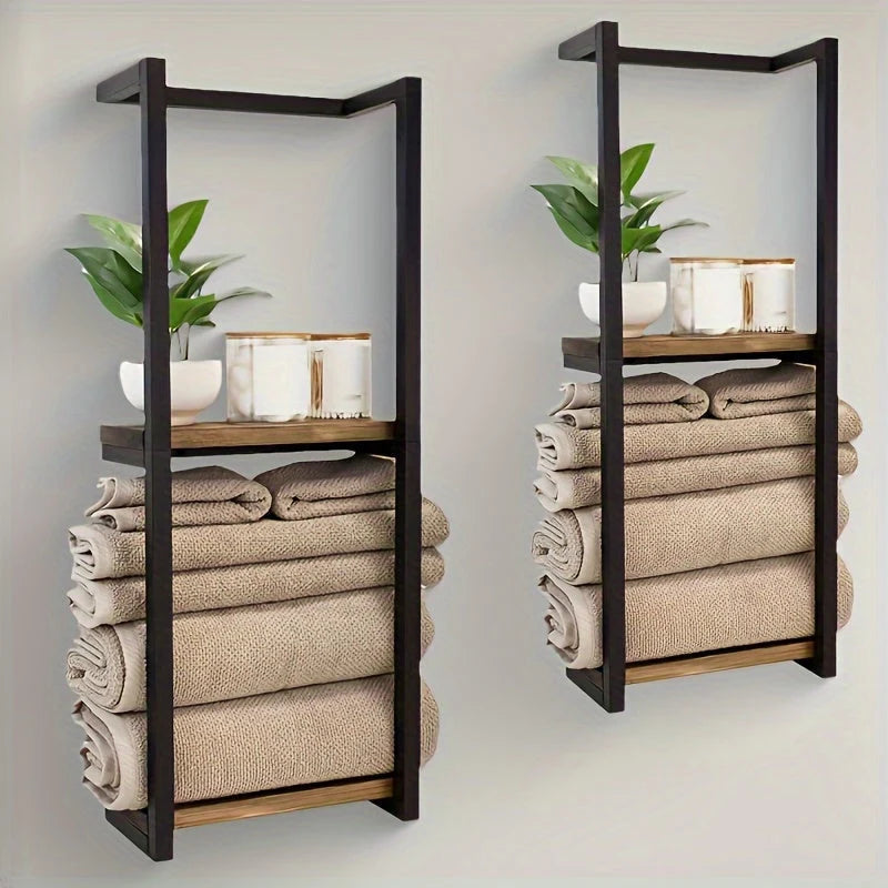 Wall-Mounted Towel Rack | 2-Tier Stainless Steel Frame & Wood-Look Shelves