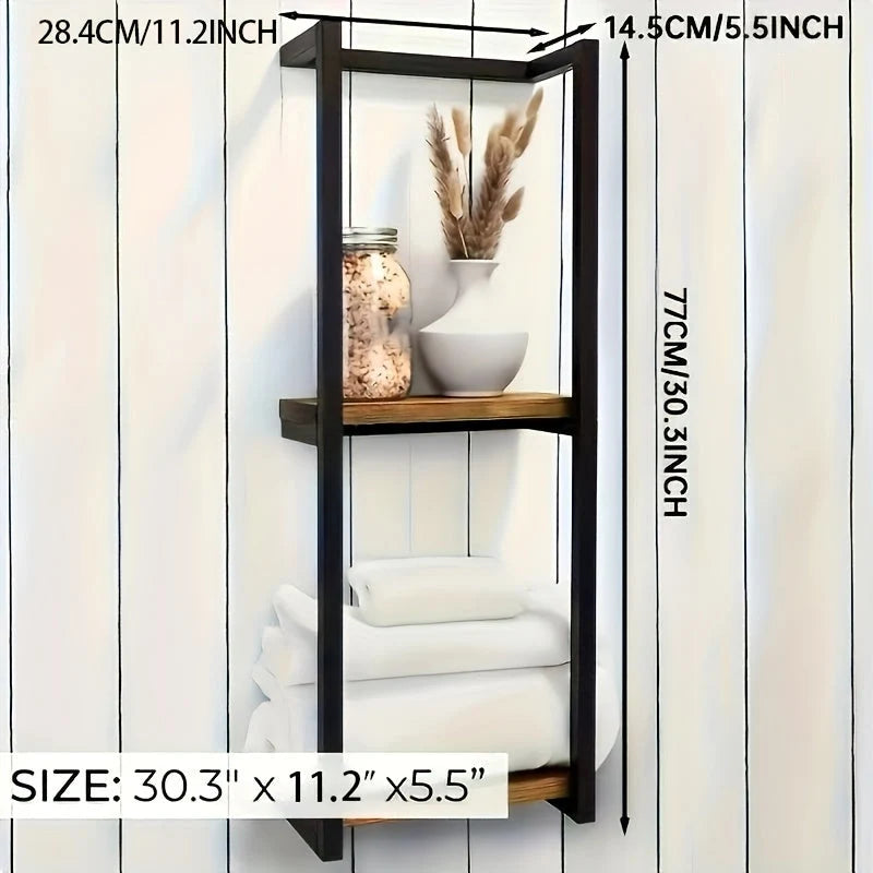 Wall-Mounted Towel Rack | 2-Tier Stainless Steel Frame & Wood-Look Shelves