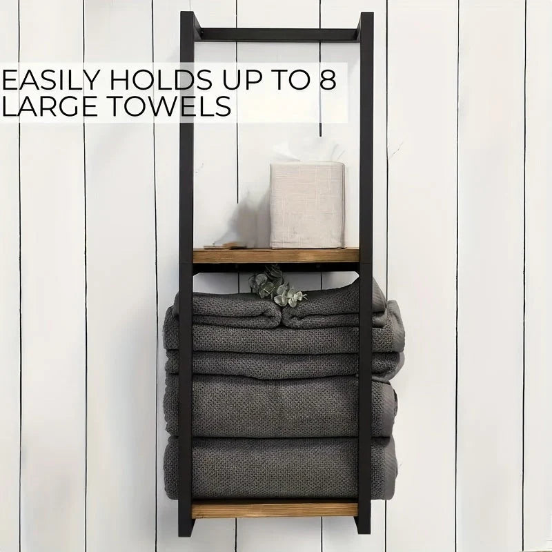 Wall-Mounted Towel Rack | 2-Tier Stainless Steel Frame & Wood-Look Shelves