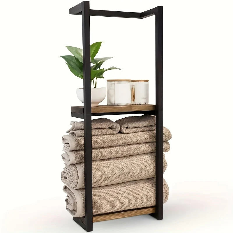 Wall-Mounted Towel Rack | 2-Tier Stainless Steel Frame & Wood-Look Shelves