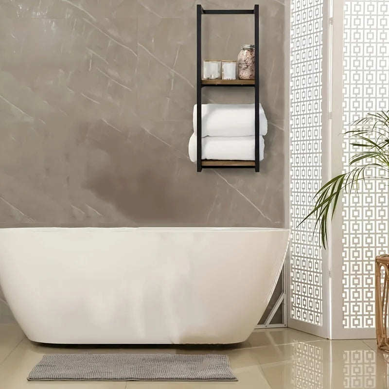 Wall-Mounted Towel Rack | 2-Tier Stainless Steel Frame & Wood-Look Shelves