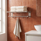 Wall-Mounted Towel Rack | Brushed Stainless Steel | Shelf & Integrated Hooks