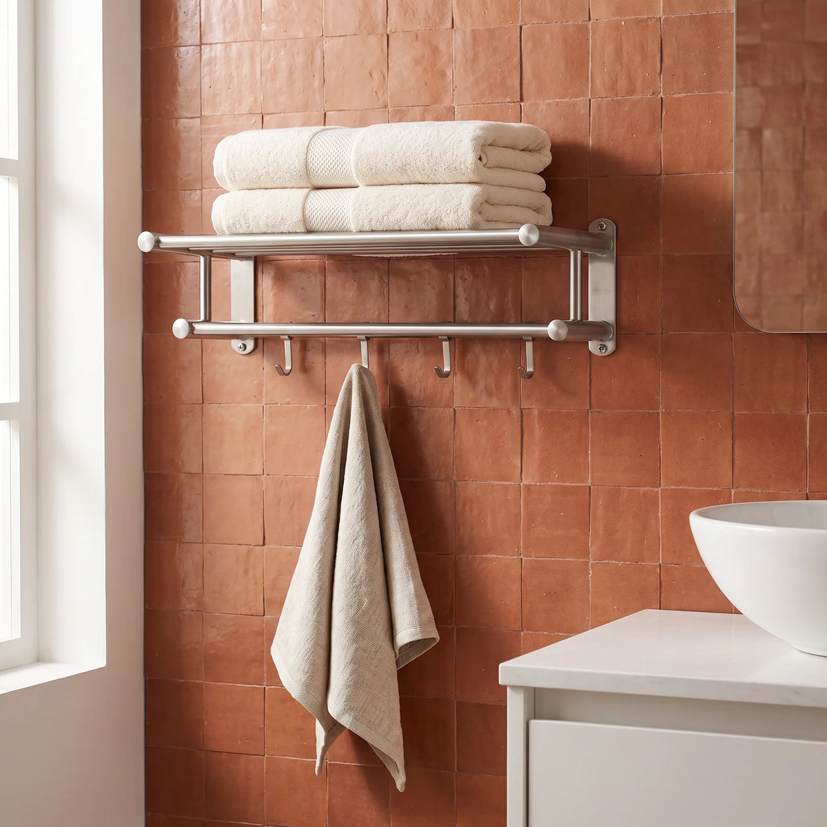 Wall-Mounted Towel Rack | Brushed Stainless Steel | Shelf & Integrated Hooks