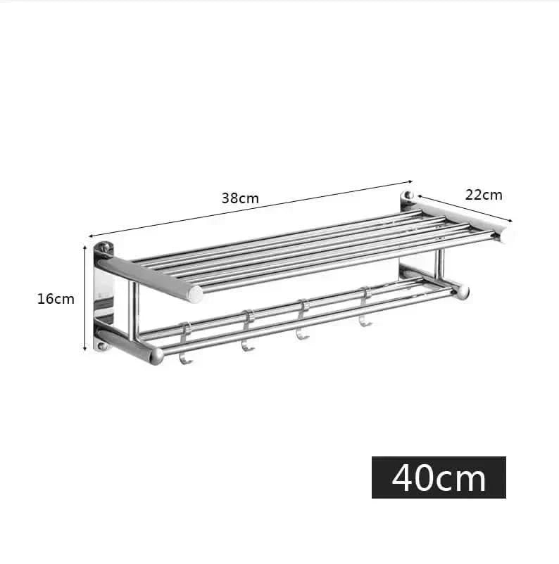 Wall-Mounted Towel Rack | Brushed Stainless Steel | Shelf & Integrated Hooks