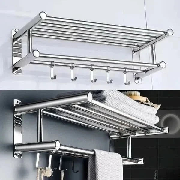 Wall-Mounted Towel Rack | Brushed Stainless Steel | Shelf & Integrated Hooks