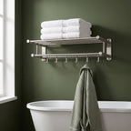 Wall-Mounted Towel Rack | Brushed Stainless Steel | Shelf & Integrated Hooks