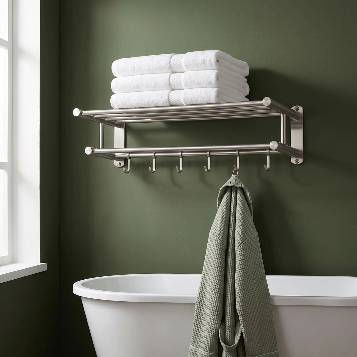 Wall-Mounted Towel Rack | Brushed Stainless Steel | Shelf & Integrated Hooks