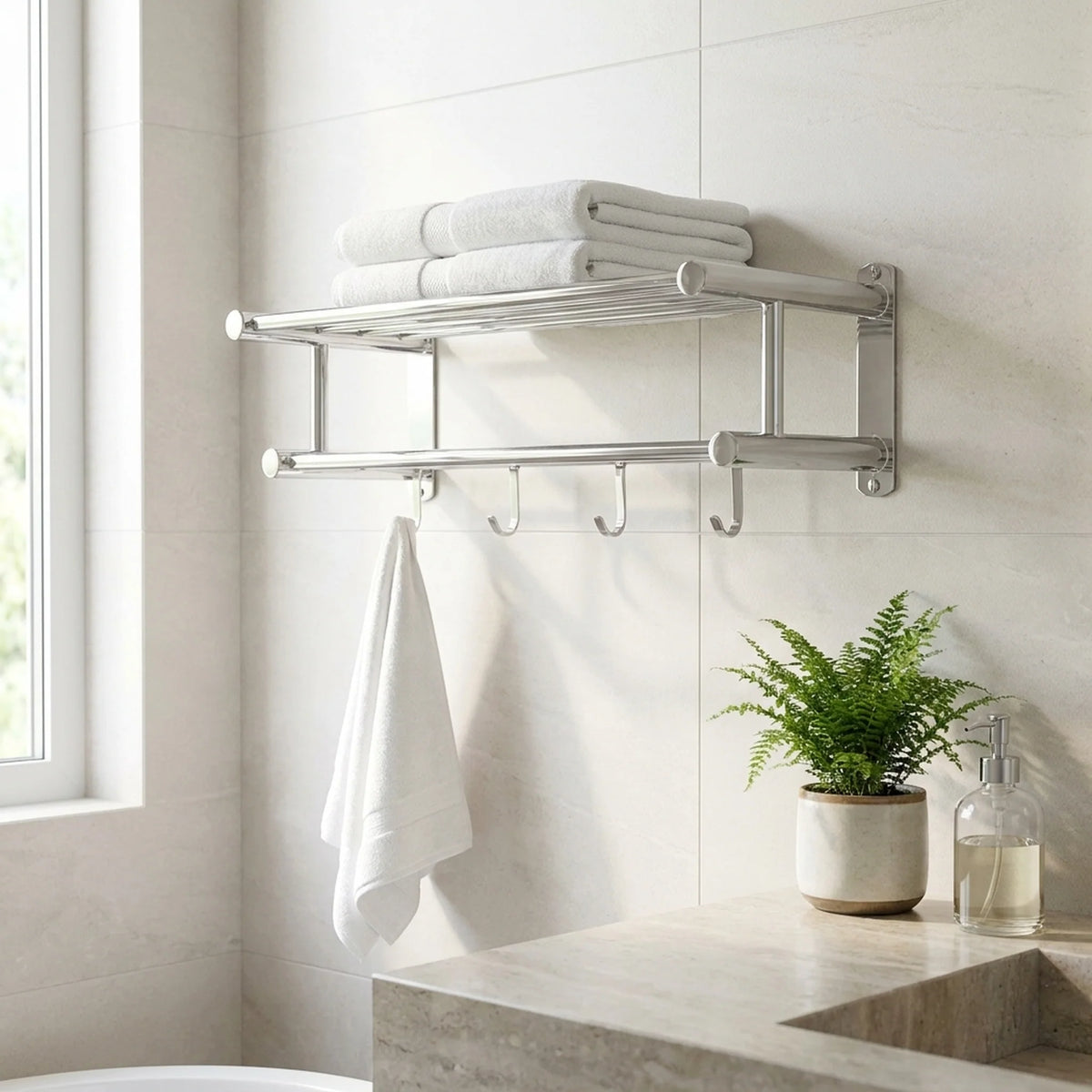 Wall-Mounted Towel Rack | Brushed Stainless Steel | Shelf & Integrated Hooks